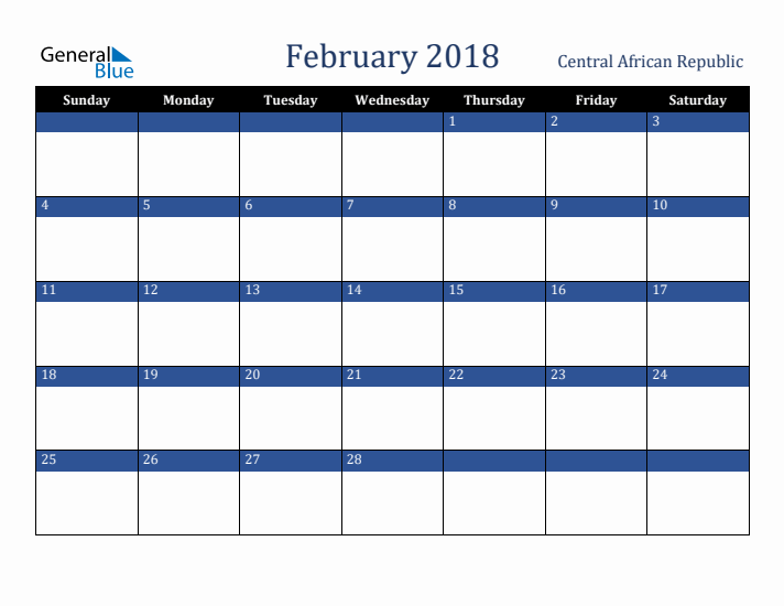 February 2018 Central African Republic Calendar (Sunday Start)