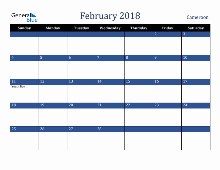 February 2018 Cameroon Calendar (Sunday Start)