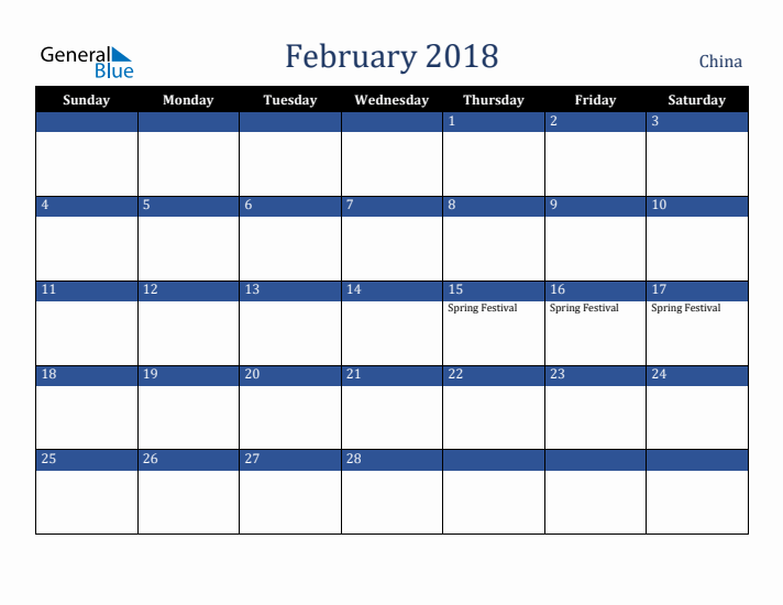 February 2018 China Calendar (Sunday Start)