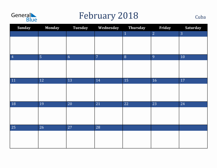 February 2018 Cuba Calendar (Sunday Start)