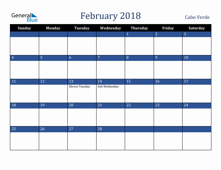 February 2018 Cabo Verde Calendar (Sunday Start)