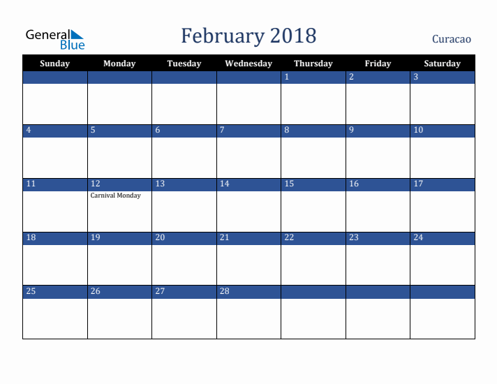 February 2018 Curacao Calendar (Sunday Start)