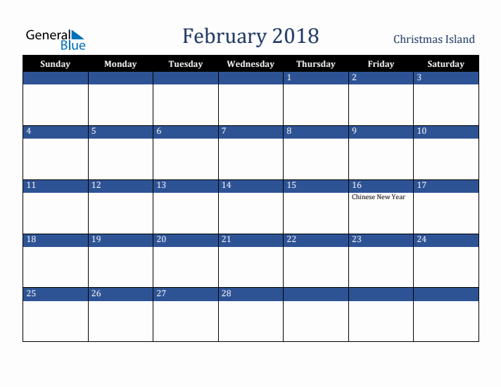 February 2018 Christmas Island Calendar (Sunday Start)