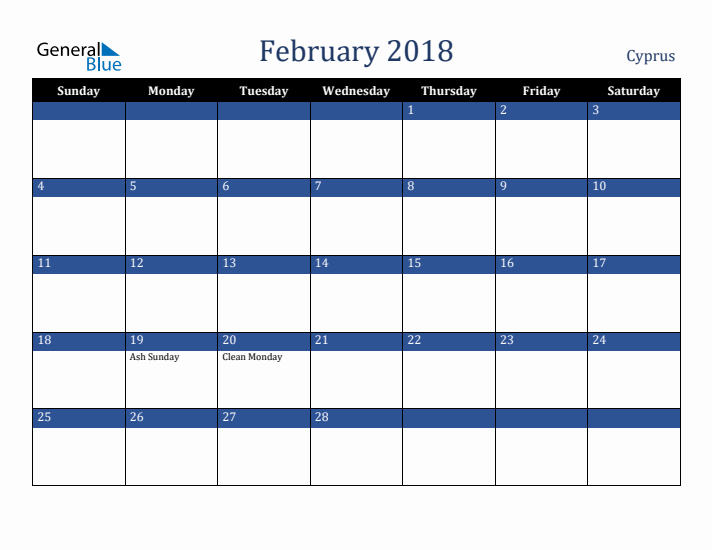 February 2018 Cyprus Calendar (Sunday Start)