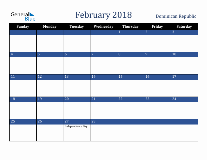 February 2018 Dominican Republic Calendar (Sunday Start)