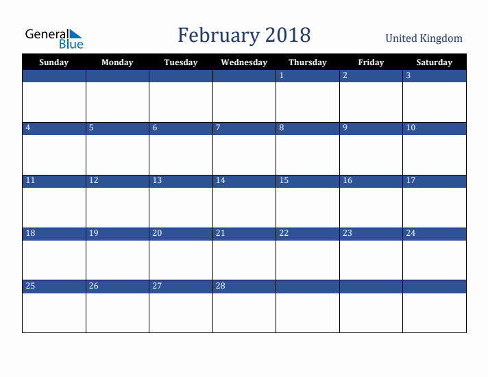 February 2018 United Kingdom Calendar (Sunday Start)