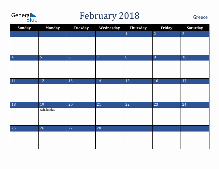 February 2018 Greece Calendar (Sunday Start)