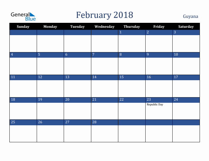 February 2018 Guyana Calendar (Sunday Start)