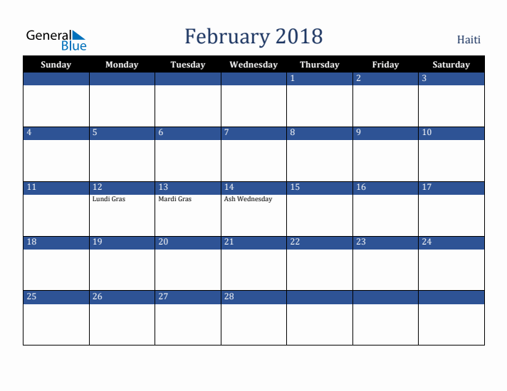 February 2018 Haiti Calendar (Sunday Start)