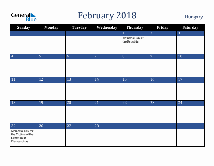 February 2018 Hungary Calendar (Sunday Start)