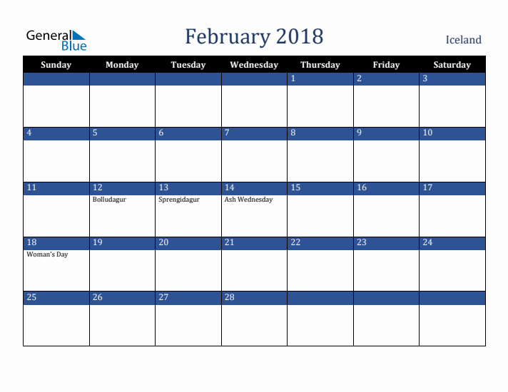 February 2018 Iceland Calendar (Sunday Start)
