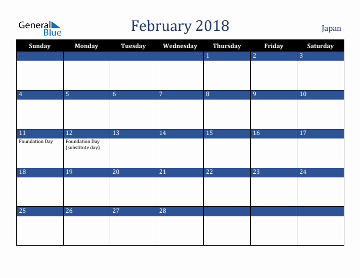 February 2018 Japan Calendar (Sunday Start)