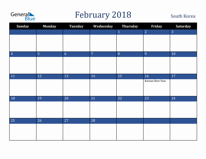 February 2018 South Korea Calendar (Sunday Start)