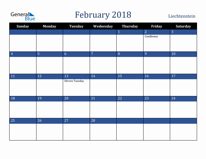 February 2018 Liechtenstein Calendar (Sunday Start)