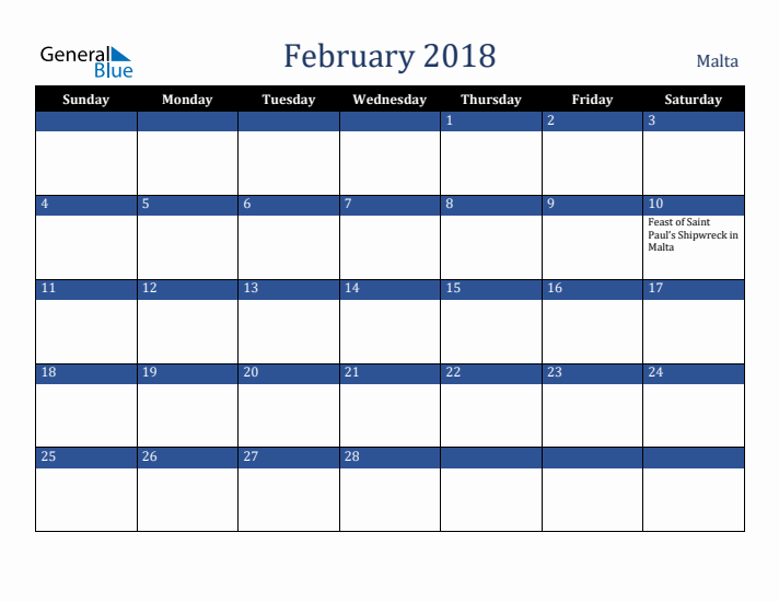 February 2018 Malta Calendar (Sunday Start)