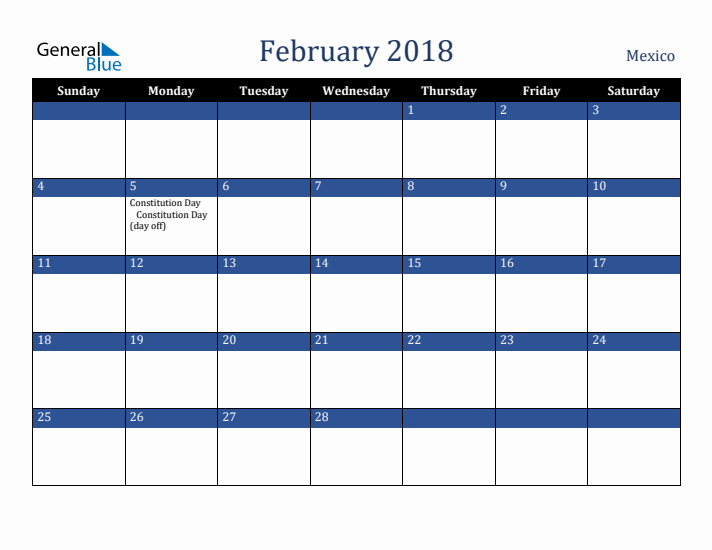 February 2018 Mexico Calendar (Sunday Start)