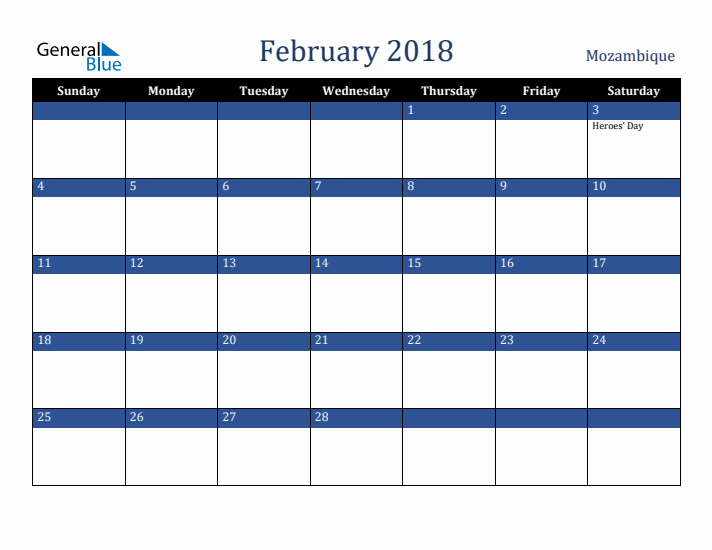 February 2018 Mozambique Calendar (Sunday Start)