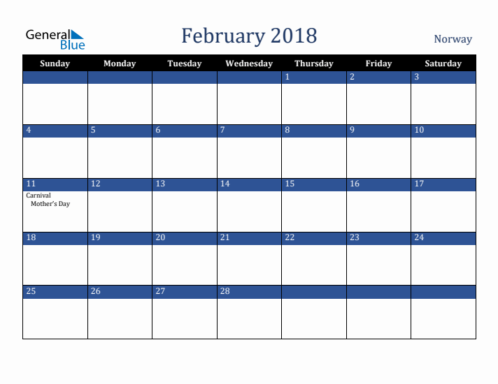 February 2018 Norway Calendar (Sunday Start)