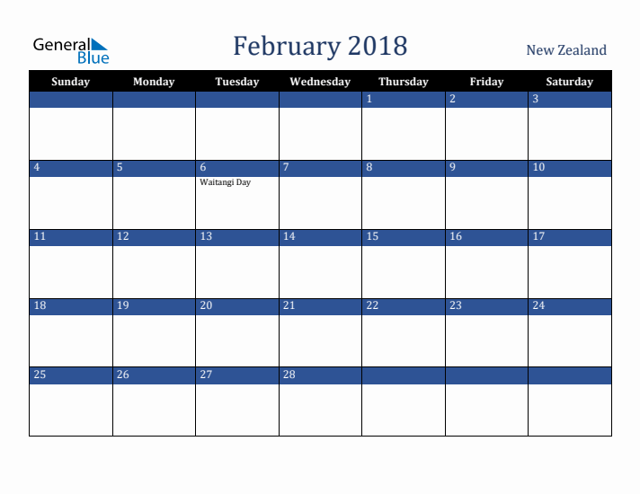 February 2018 New Zealand Calendar (Sunday Start)
