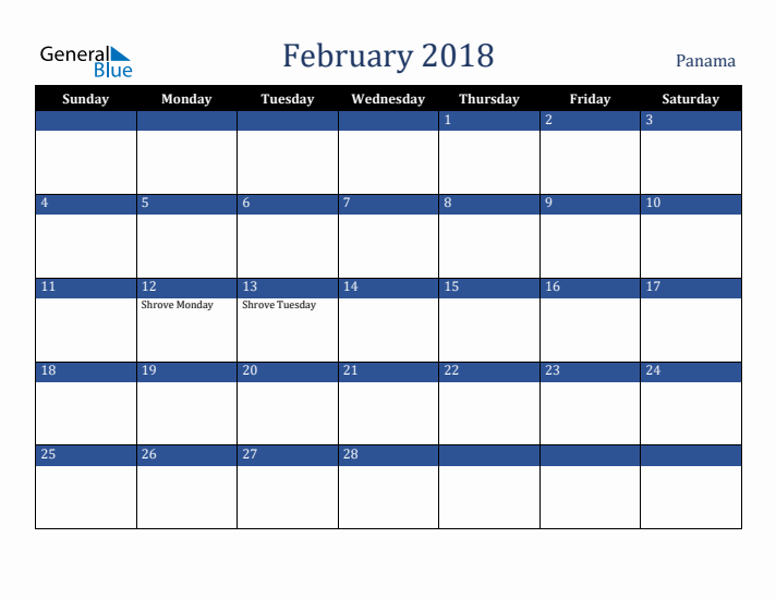 February 2018 Panama Calendar (Sunday Start)