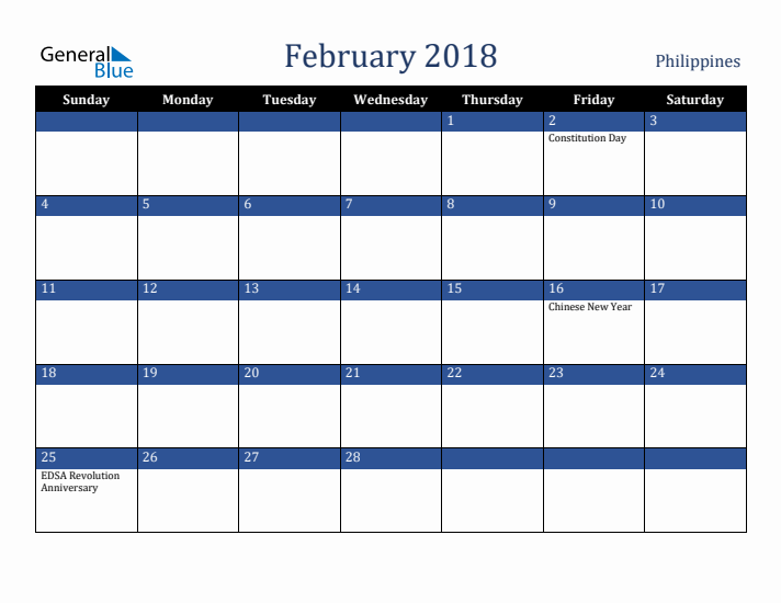 February 2018 Philippines Calendar (Sunday Start)