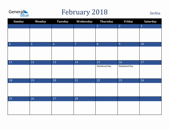 February 2018 Serbia Calendar (Sunday Start)