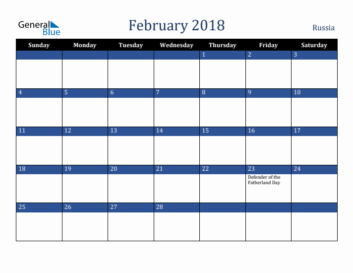 February 2018 Russia Calendar (Sunday Start)