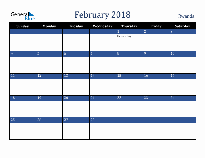 February 2018 Rwanda Calendar (Sunday Start)