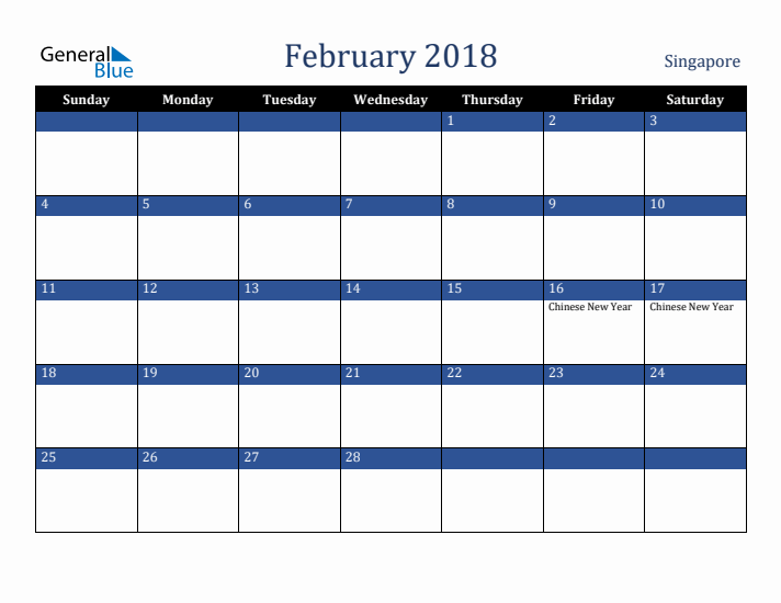 February 2018 Singapore Calendar (Sunday Start)