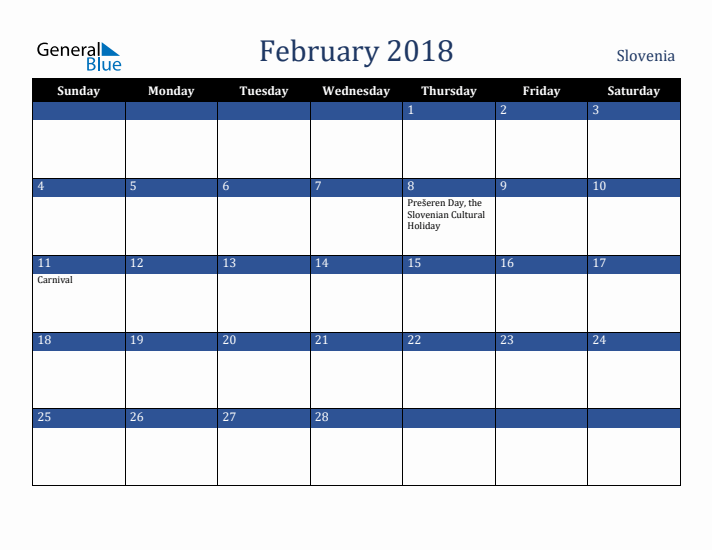 February 2018 Slovenia Calendar (Sunday Start)