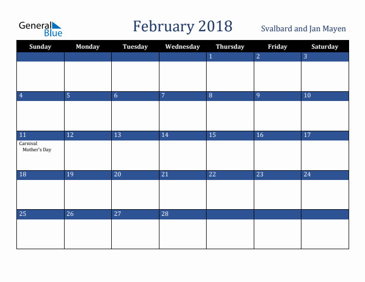 February 2018 Svalbard and Jan Mayen Calendar (Sunday Start)