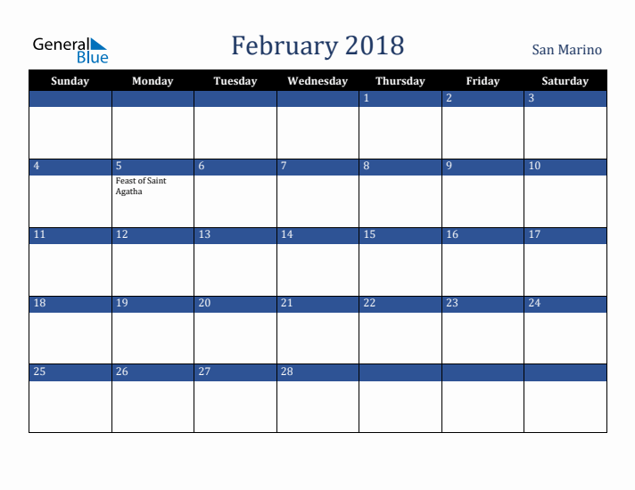 February 2018 San Marino Calendar (Sunday Start)