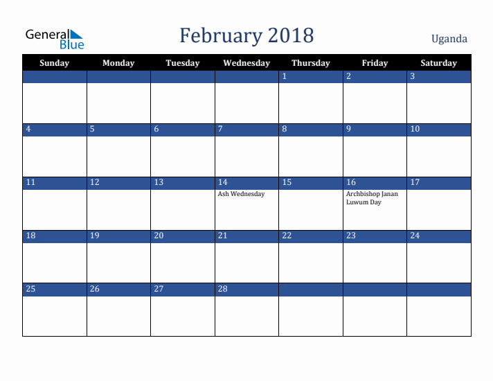 February 2018 Uganda Calendar (Sunday Start)