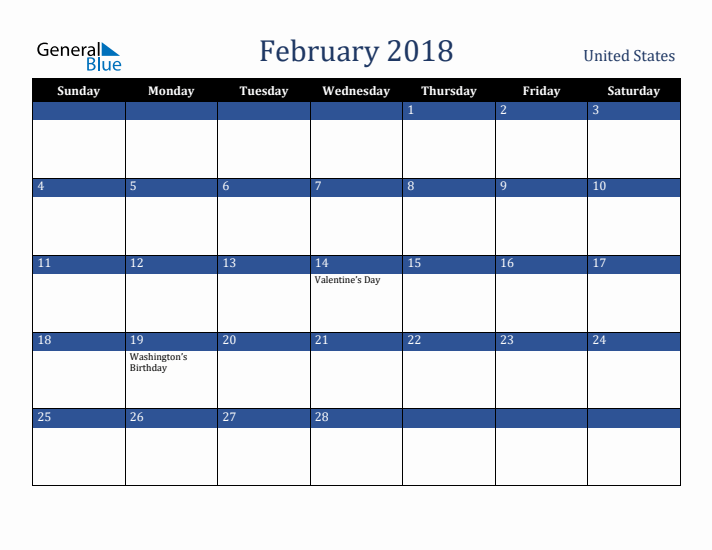 February 2018 United States Calendar (Sunday Start)