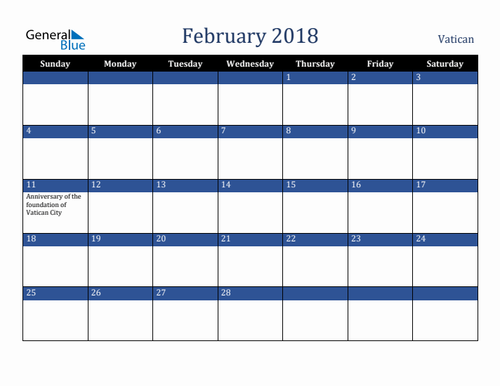 February 2018 Vatican Calendar (Sunday Start)