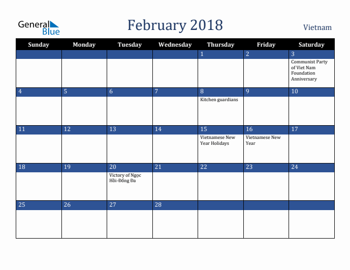 February 2018 Vietnam Calendar (Sunday Start)