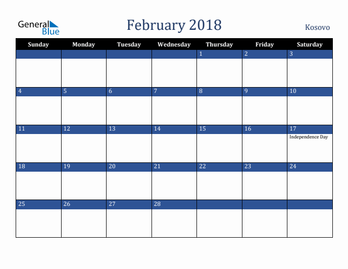 February 2018 Kosovo Calendar (Sunday Start)