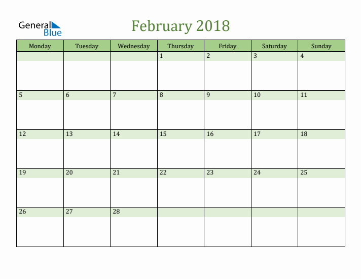 February 2018 Calendar with Monday Start