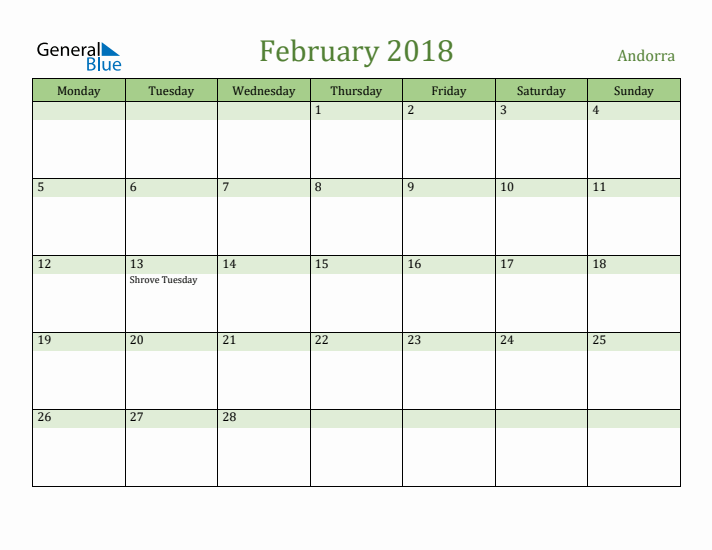 February 2018 Calendar with Andorra Holidays