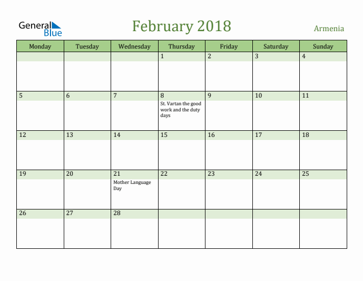 February 2018 Calendar with Armenia Holidays