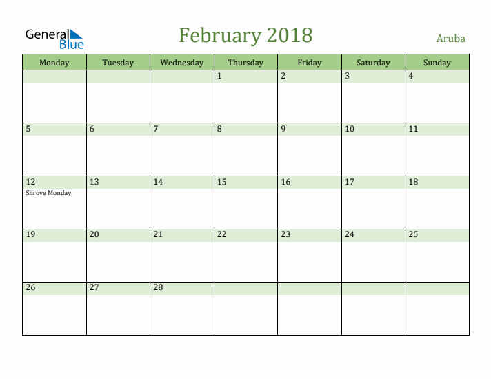 February 2018 Calendar with Aruba Holidays