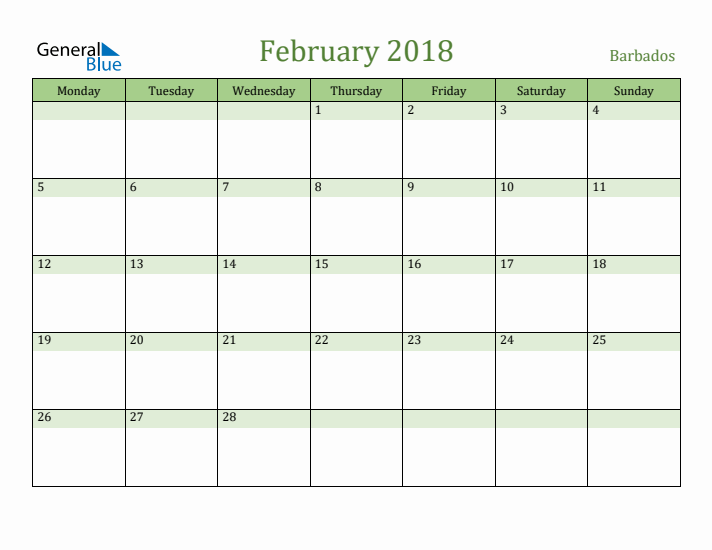 February 2018 Calendar with Barbados Holidays