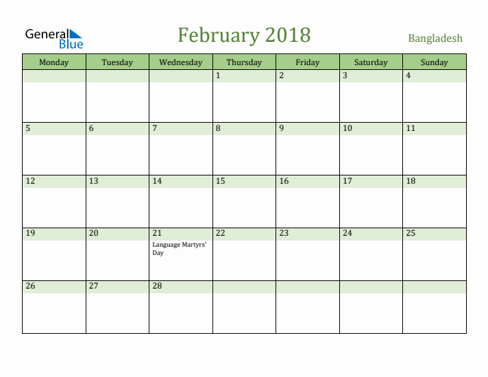 February 2018 Calendar with Bangladesh Holidays