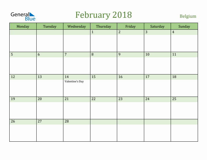 February 2018 Calendar with Belgium Holidays