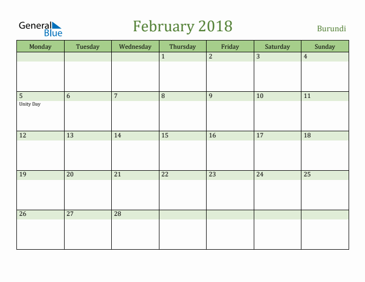 February 2018 Calendar with Burundi Holidays