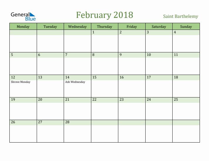 February 2018 Calendar with Saint Barthelemy Holidays