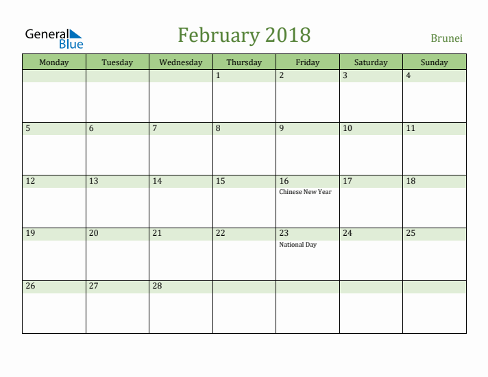 February 2018 Calendar with Brunei Holidays