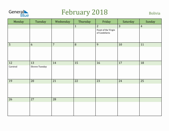 February 2018 Calendar with Bolivia Holidays