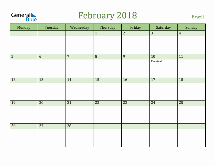 February 2018 Calendar with Brazil Holidays