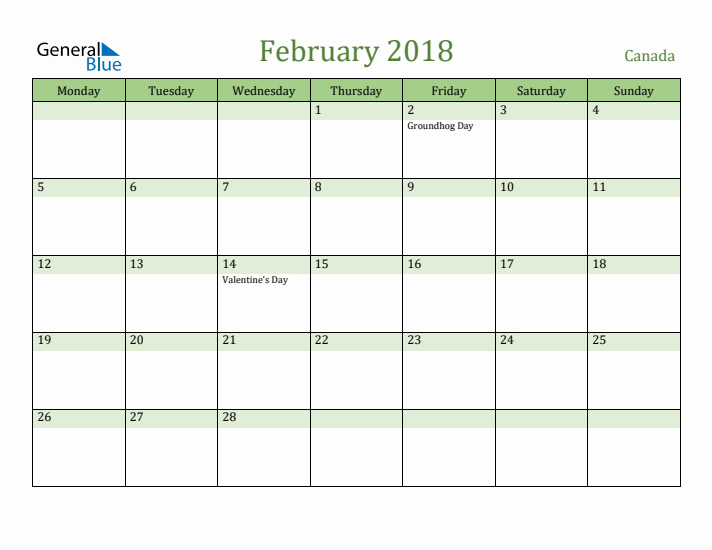 February 2018 Calendar with Canada Holidays